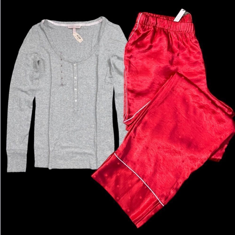 Victorias Secret Silky Satin thick pants & soft metallic top pajama set red gray